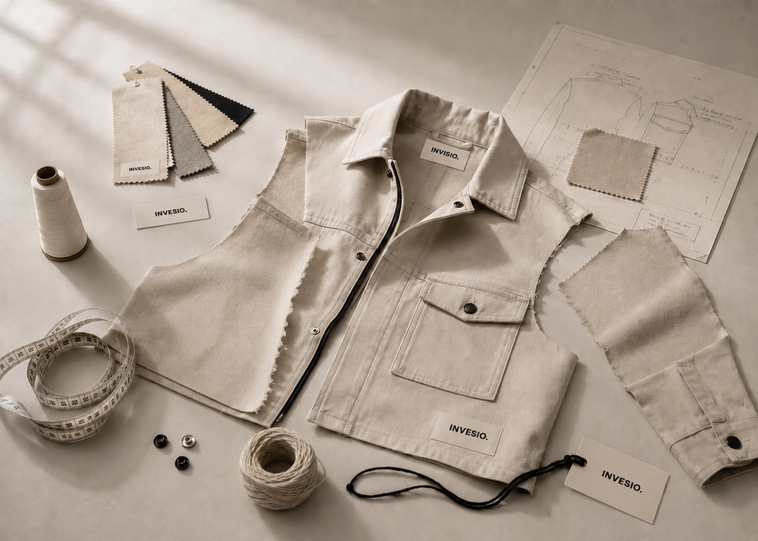 A jacket cut into panels, laid out with fabric swatches, thread, a measuring tape and the pattern sheet it was drawn from