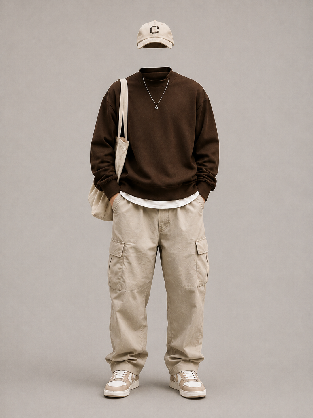 Bark over stone — A chocolate crew over stone cargos, with a white tee left long at the hem.