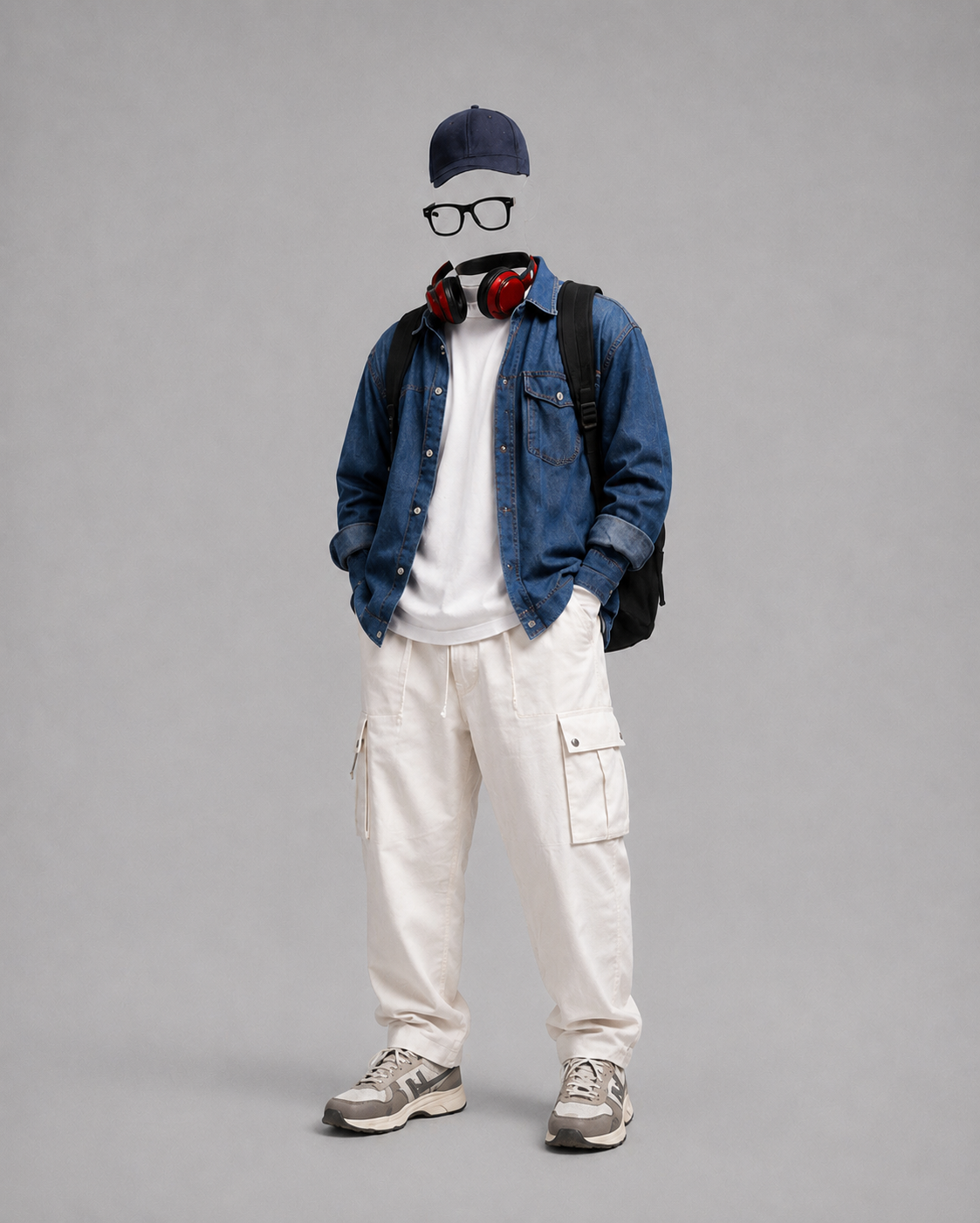 The commute — A denim western over white, ecru cargos, and everything you carry with you.