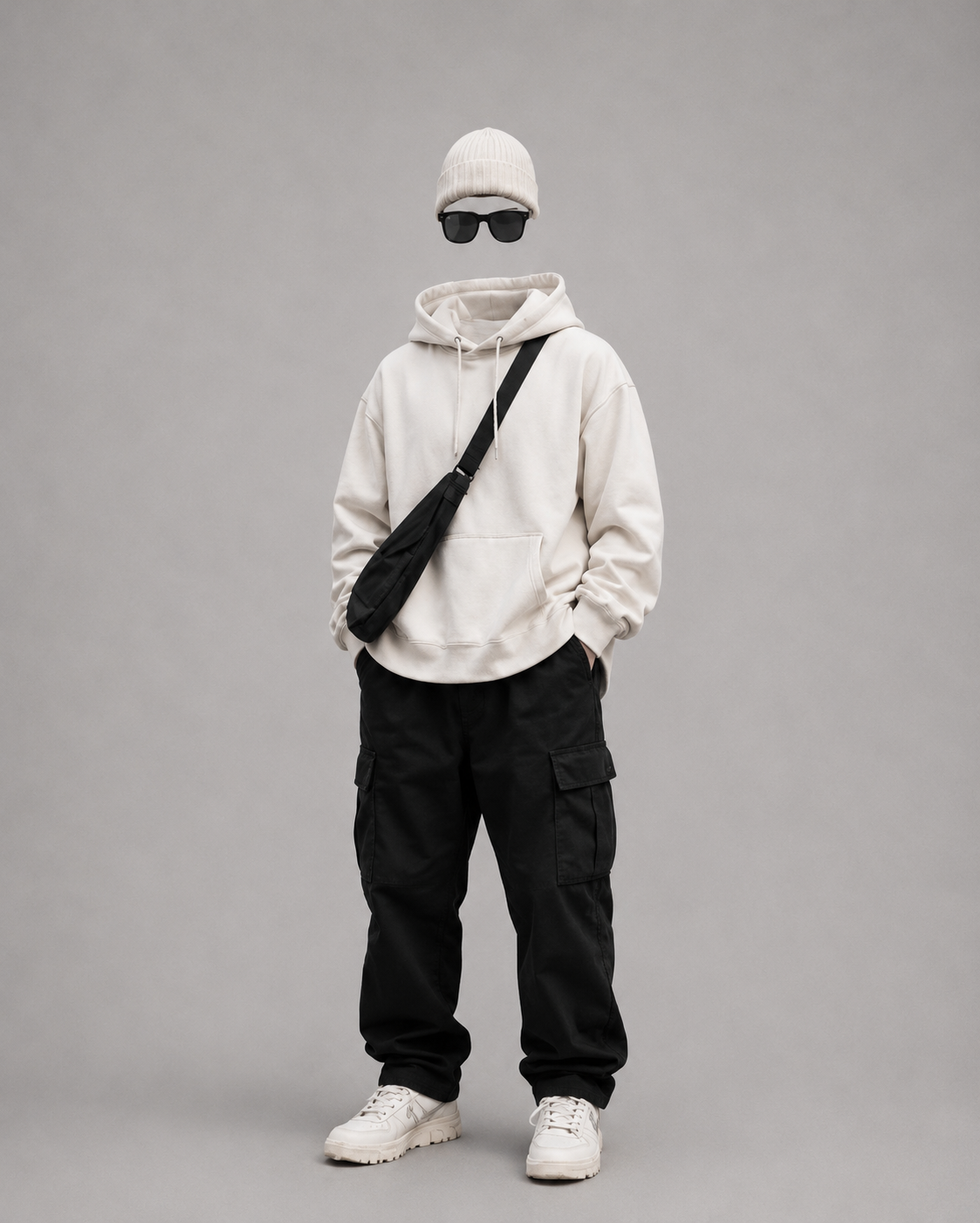Bone over black — A bone hood above, black cargo below. Split hard at the waist and left there.