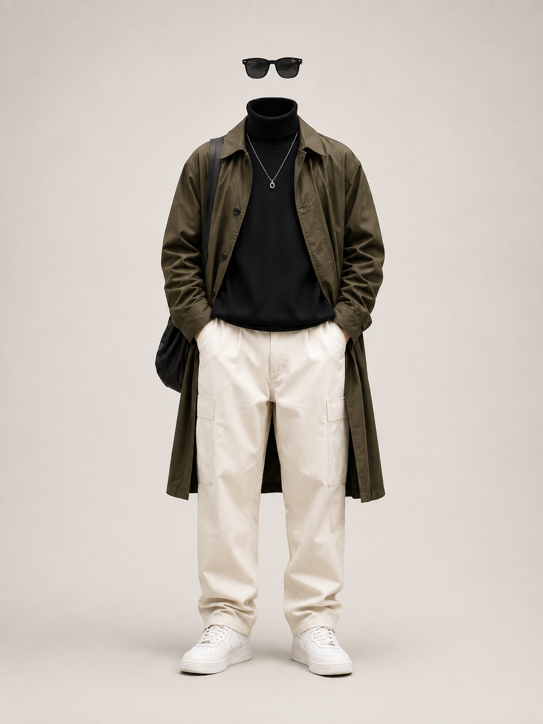 Olive over ivory — An olive layer over black, cut against ivory pleats. The longest line in the run.