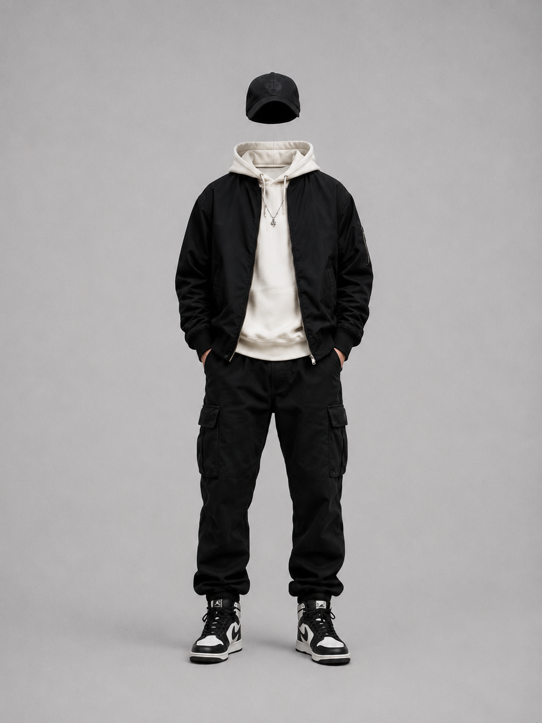 Bomber over hood — Black at every layer but one — the bone hood is the only thing that breaks it.